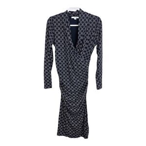 Boden Dress Women Size 6L Long Faux Wrap Blue White Print Ruched Stretch